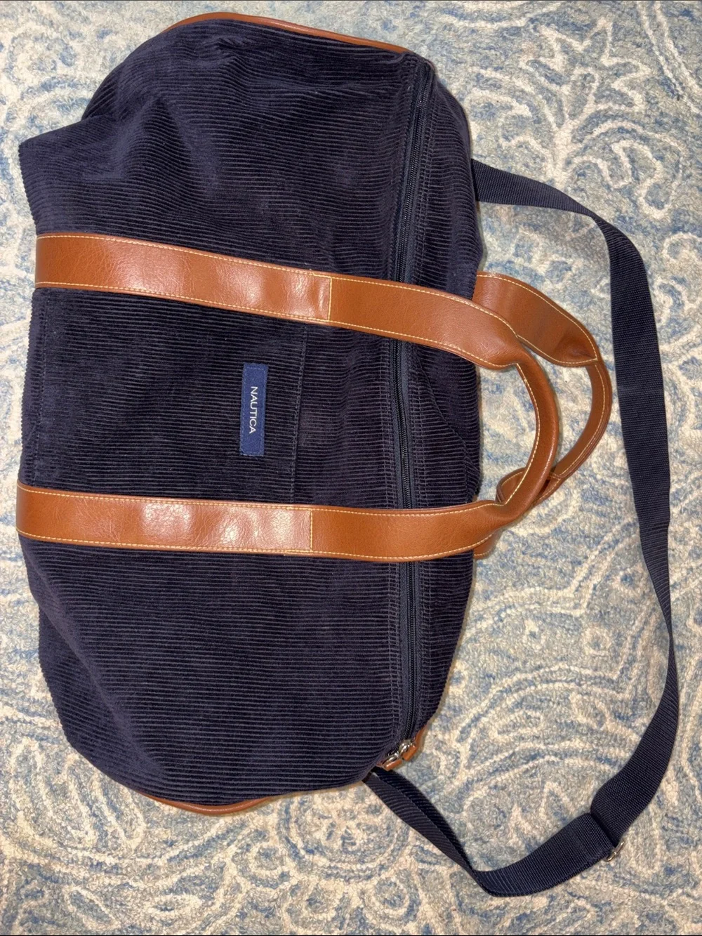 Nautica Navy Corduroy Duffel with Brown Trim and Strap